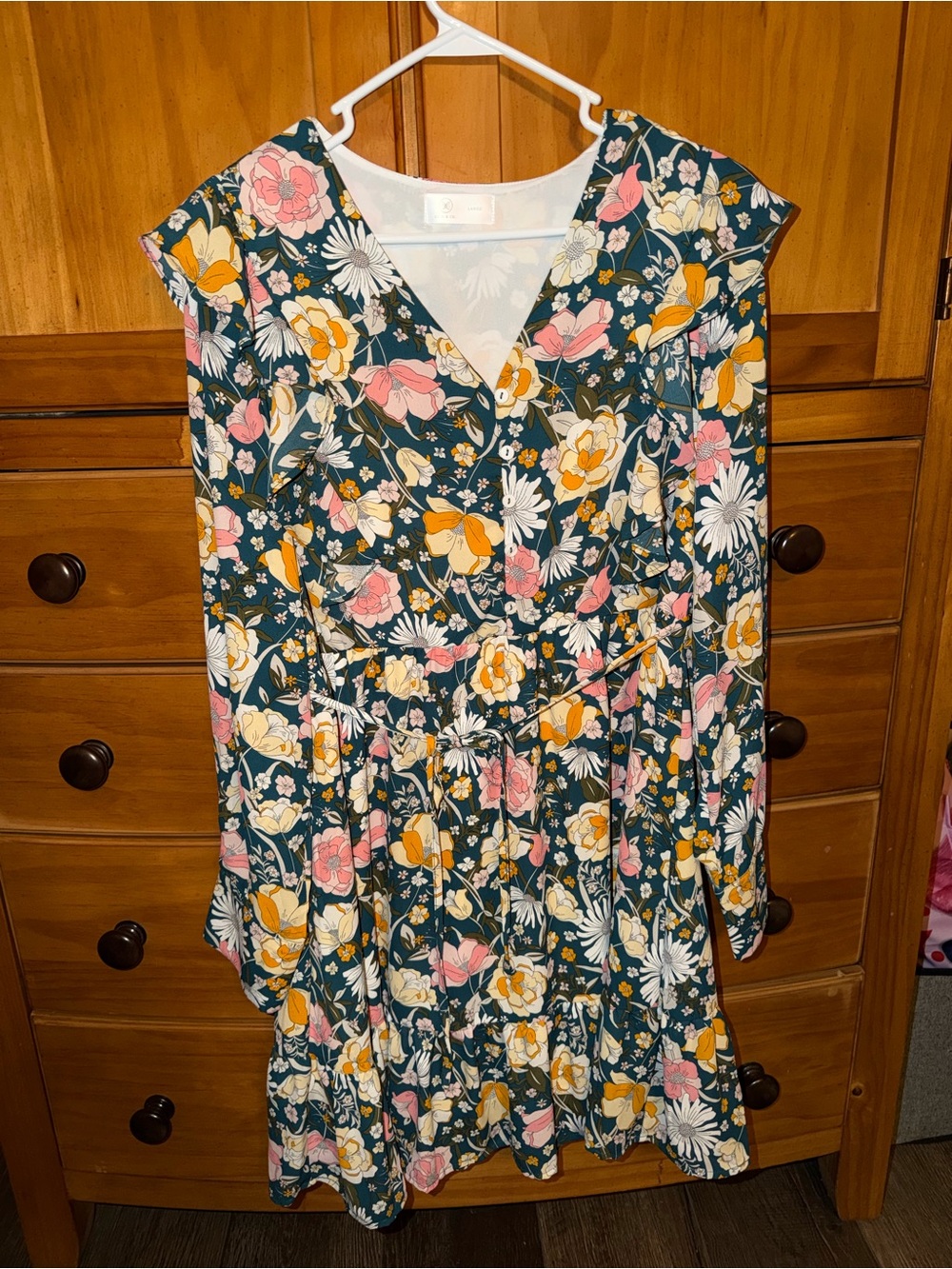 NWOT Floral V-Neck Mini Dress in Green with Pink & Yellow Blooms